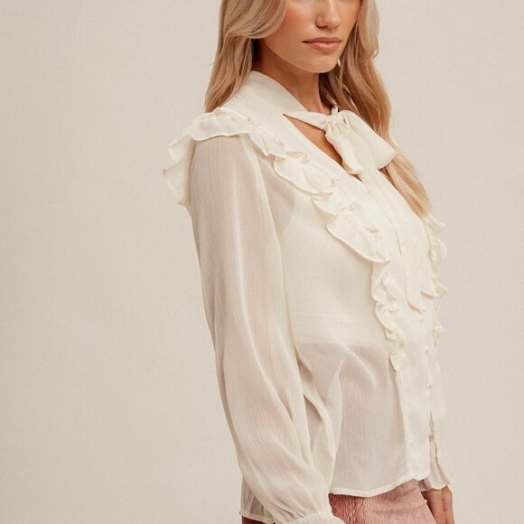 HEM & THREAD Ivory Ruffle Tie Blouse | Sheer Long Sleeve Feminine Top - Picture 3 of 5